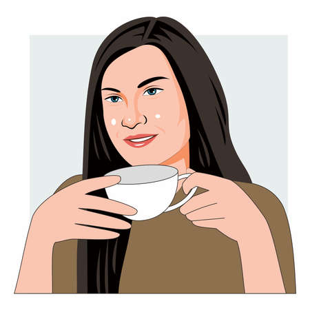 Young woman drinking coffee holding mugのイラスト素材