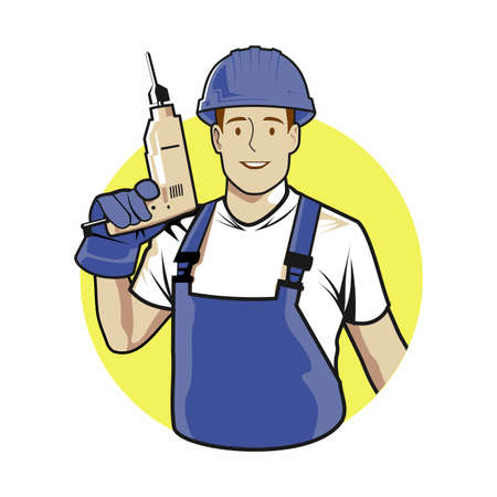 The Handyman service with drill in his hand. Vector imageのイラスト素材