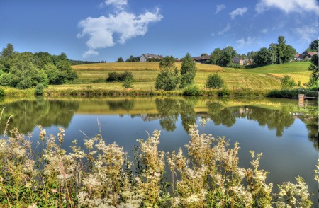  view of a small lake with green pasture sky with cloudsの写真素材