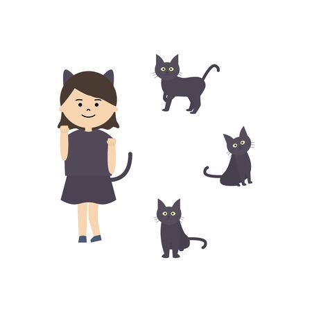 Vector illustration of three black cats and a girl wearing black cat halloween costumeのイラスト素材