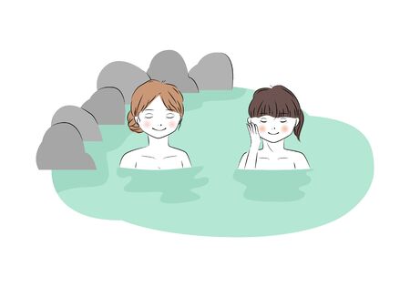 Vector illustration of two young woman relaxing in hot springのイラスト素材