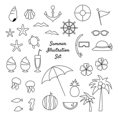 Illustration set of summer related items. line drawingsのイラスト素材