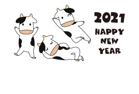 Card template for new year 2021. Vector illustration of cute cow character (new year appreciation quote in japanese)のイラスト素材