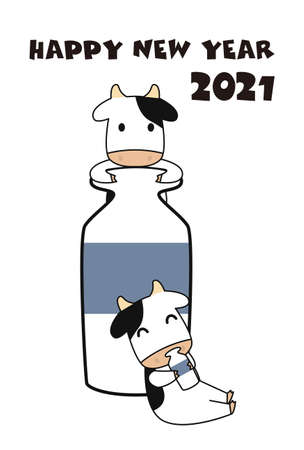 Card template for new year 2021. Vector illustration of cute cow characterのイラスト素材