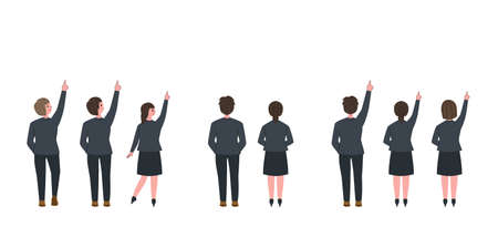 Vector illustration set of back view of  people standing and pointing upwardのイラスト素材