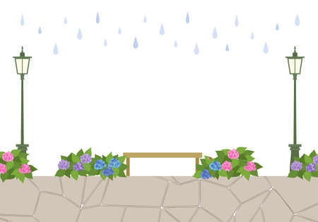 Vector illustration of hydrangea townscape in rainy seasonのイラスト素材