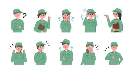Vector illustration of workers. 10 emotionsのイラスト素材