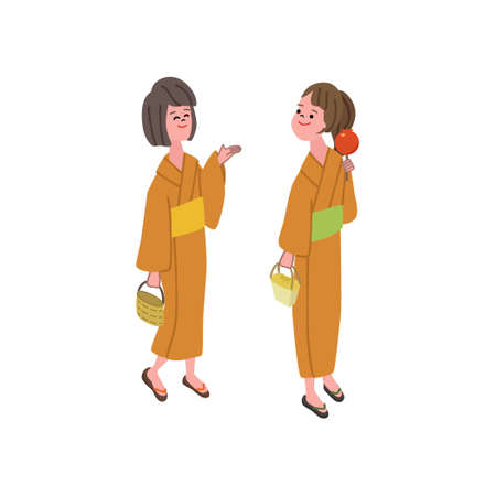 Vector illustration of two girls wearing yukata.のイラスト素材