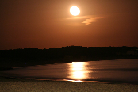 Beautiful full moon and moonlight on waterの写真素材