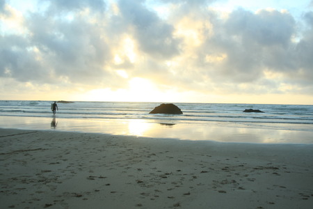 Man surfing walking out of oceanの写真素材
