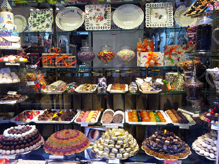 Sweets chocolates in store windowの写真素材