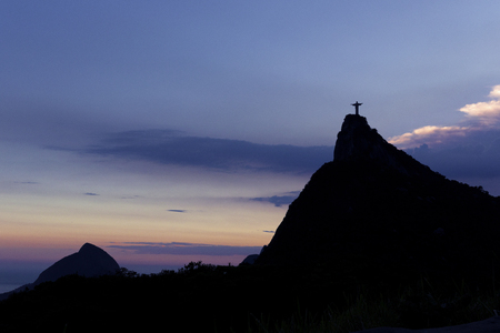 Christ the Redeemer Statue on top of Corcovado hill in the evening sunlight, Rio de Janeiro, Brazil.のeditorial素材