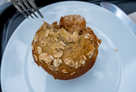 banana cake with  fork on dish background.(Selective focus)の写真素材