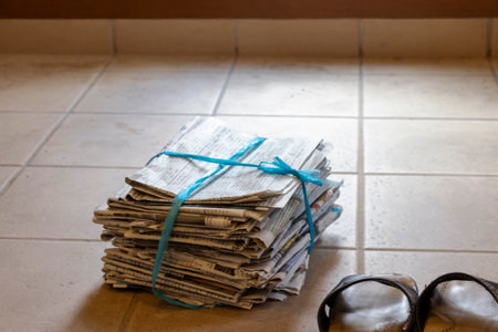 A bunch of old newspapers in the entrance hallの写真素材