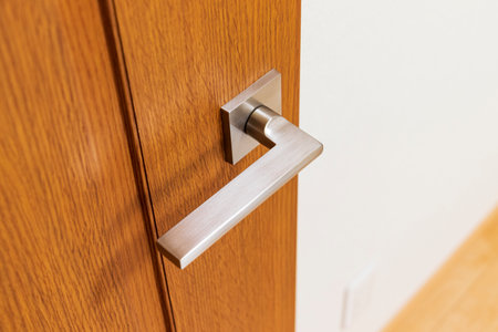 Wooden door and metal knobの写真素材