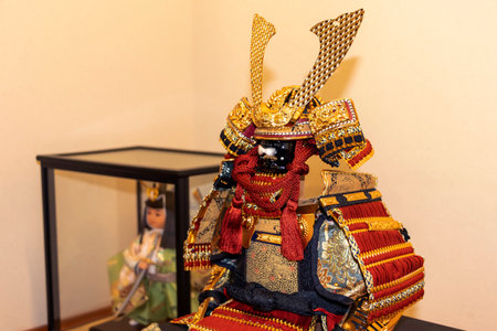 Japanese Samurai doll wearing armor and helmetの写真素材
