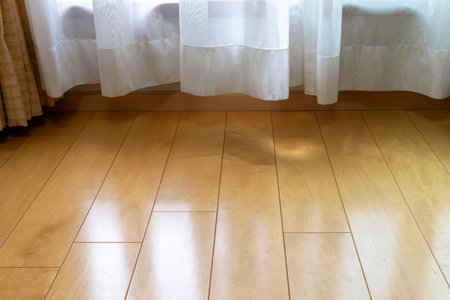 Wood flooring and white lace curtainの写真素材