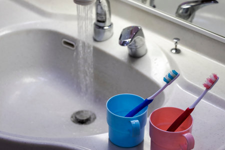 Colorful cups and toothbrushes on white washstandの写真素材