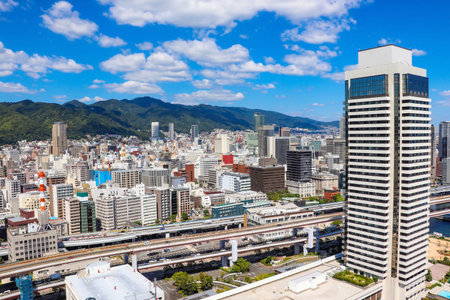 Cityscape of Kobe with Rokko Mountainsの写真素材