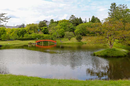 Daijoin Garden, Japanese garden with a large pond in Nara, Japan