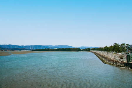 Kataonami, the sand peninsula at the mouth of the Waka River, Wakayamaの写真素材