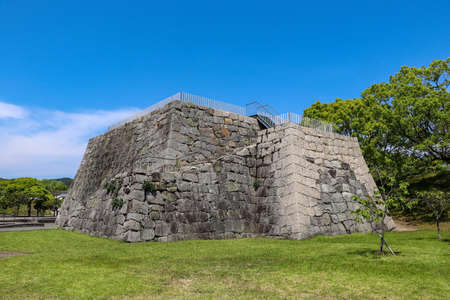 Large stone foundation for castle tower left in Japanese castle ruinsの写真素材
