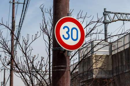 Traffic sign in the city indicating the speed limitの写真素材