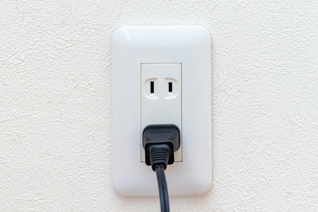 Power plug connected to wall outlet in room