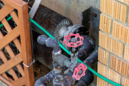 Red valve attached to equipment pipingの写真素材