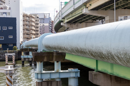 A large water pipe bridge crossing a riverの写真素材