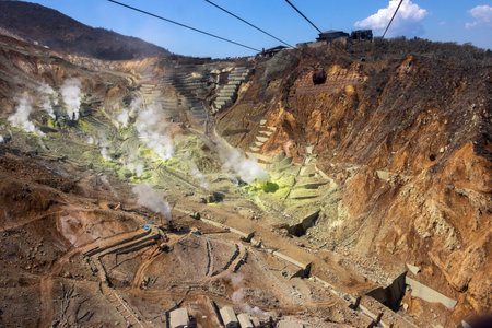 Owakudani seen from the ropeway in Hakoneの写真素材
