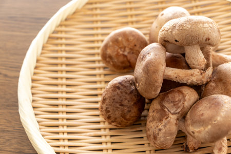 Shiitake mushrooms on a bamboo colanderの写真素材