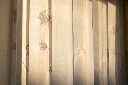Thin lace curtains to block the evening sunlightの写真素材