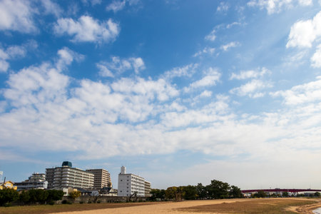 A refreshing autumn sky covers a large parkの写真素材