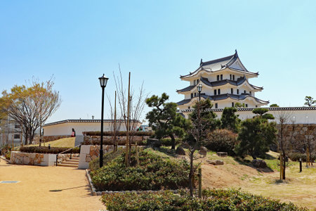 Castle park with white tower in Amagasaki, Japanの写真素材