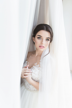 orgeous happy luxury stylish brunette bride near a window on the background of roomの写真素材