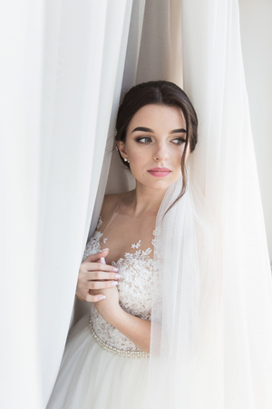 orgeous happy luxury stylish brunette bride near a window on the background of roomの写真素材