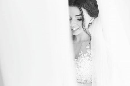 orgeous happy luxury stylish brunette bride near a window on the background of roomの写真素材