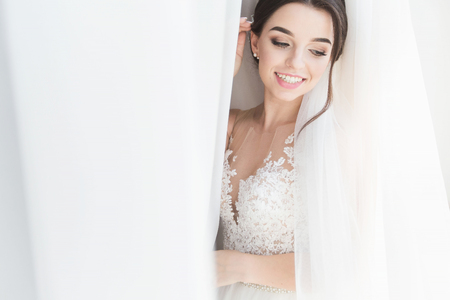 orgeous happy luxury stylish brunette bride near a window on the background of roomの写真素材