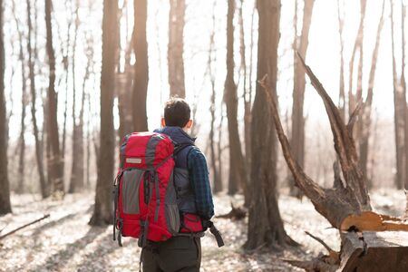 Young man with backpack hiking in the forest.