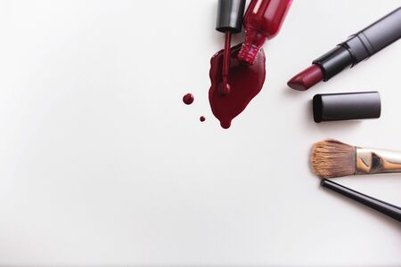 Various cosmetics on white background. On one side spase for text.の写真素材