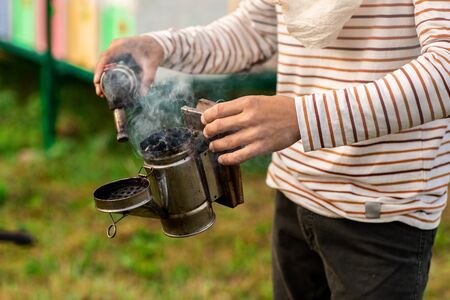 A beekeeper prepares a tool for smoking bees from a hive in the apiary. Smoke for bees, equipment on apiary. Close upの写真素材