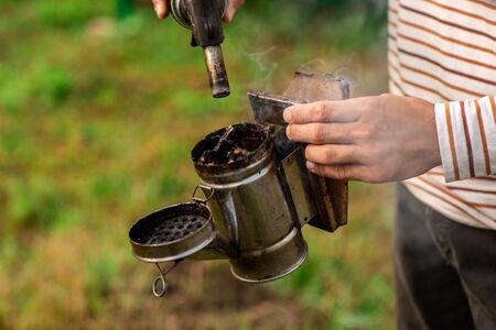 A beekeeper prepares a tool for smoking bees from a hive in the apiary. Smoke for bees, equipment on apiary. Close upの写真素材