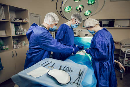 A team of surgeons in a blue uniform operates on a patient in a hospital. Side view of young doctors at workの写真素材