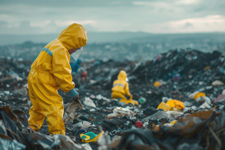 Kids in a yellow safety suit playing on the garbage dump. created by aiの写真素材