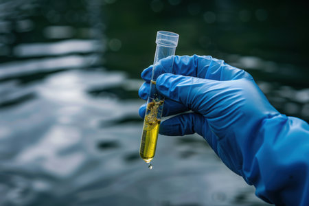 Closeup hand wears blue glove holds test tube of sample water from lake. Concept, explore, inspect quality of water from natural source, prepare for doing experiment. Test of water pollution.の写真素材