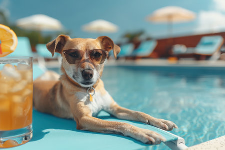dog with sunglasses posing with a cocktail in the pool. Created by aiの写真素材