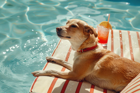 dog posing with a cocktail in the pool. Created by aiの写真素材