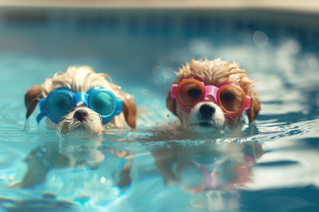 dog with sunglasses swimming in swimming pool. Created by aiの写真素材