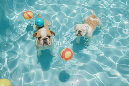 dog with toys swimming in swimming pool. Created by aiの写真素材